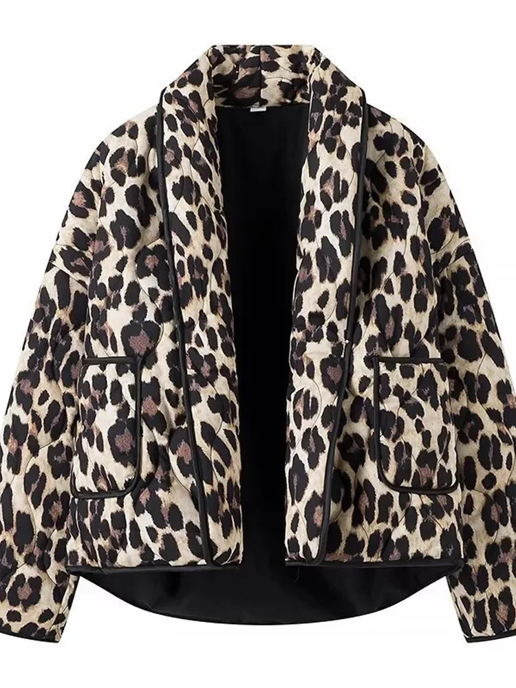 Mantel Jaket Motif Macan Tutul Wanita Kasual Longgar Ritsleting