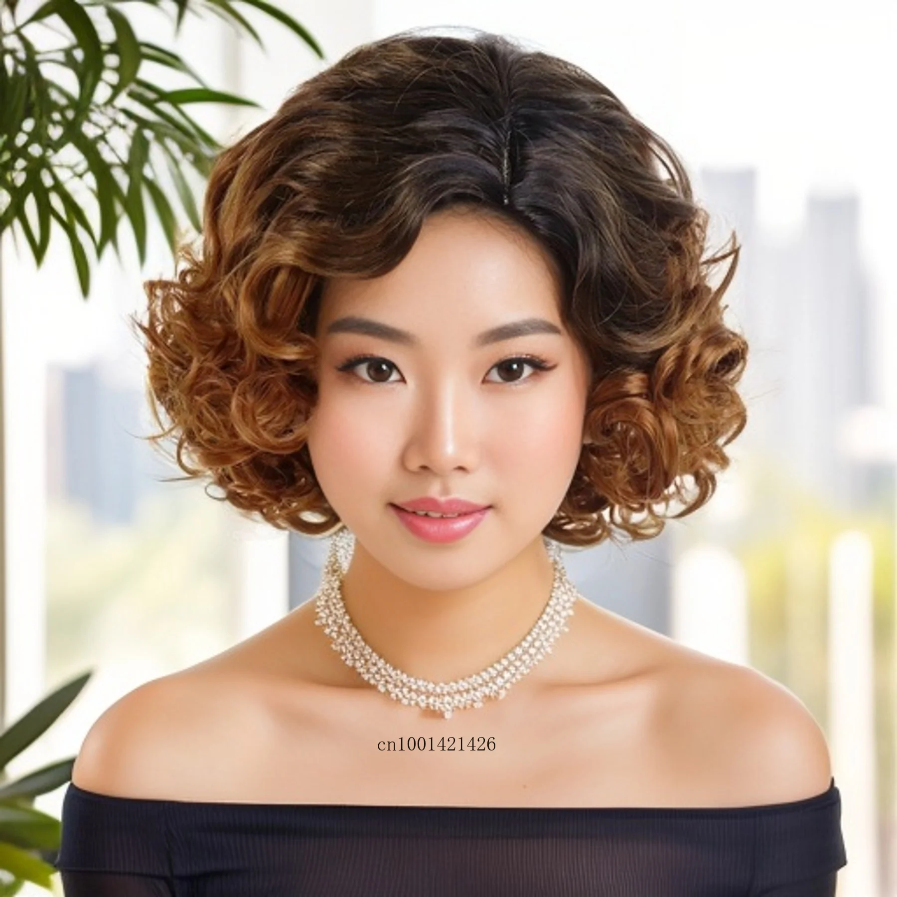 Synthetic Hair Ombre Brown Mommy Wig Short Curly Hairstyle Natural Fake Scalp Realistic Wigs Elderly Women Fluffy Shaggy Wigs