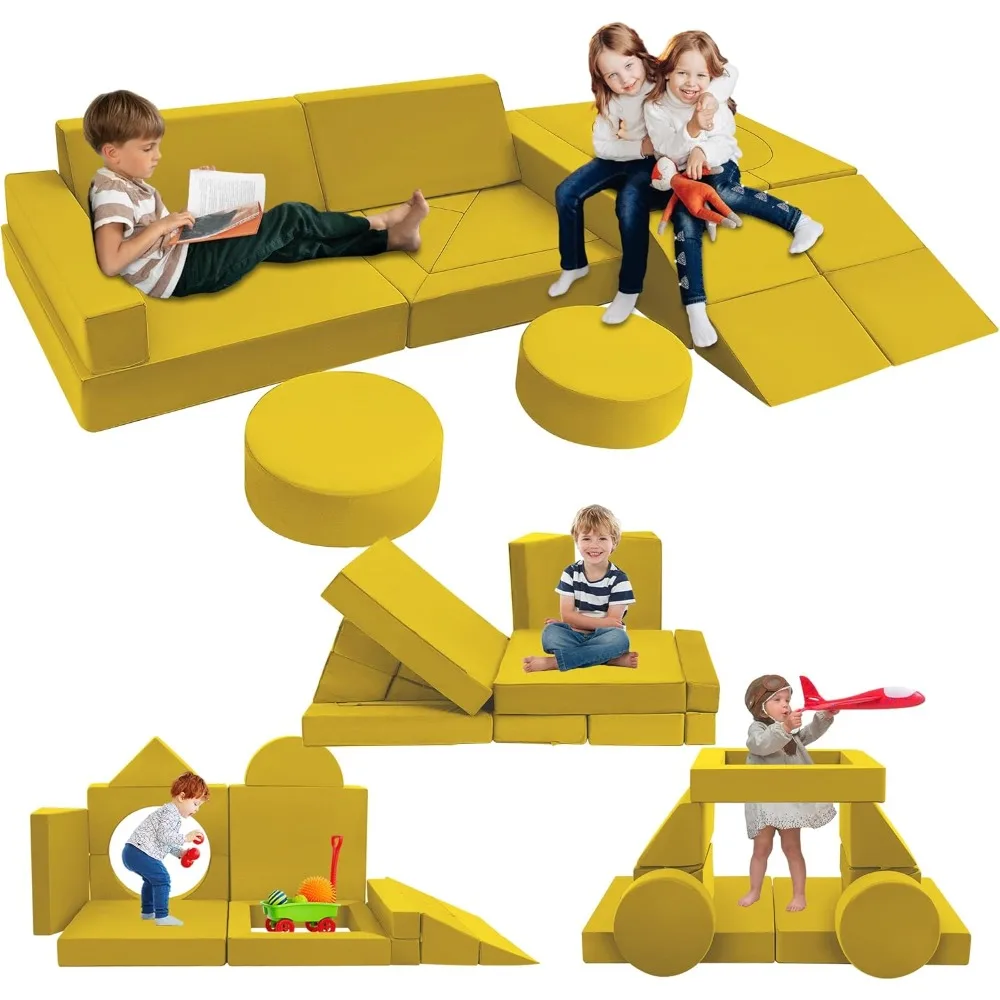 

18pcs Kids Couch Building Fort, Modular Kids Play Couch, Convertible Foam Play Sofa for Toddler and Baby Playroom (Yellow)