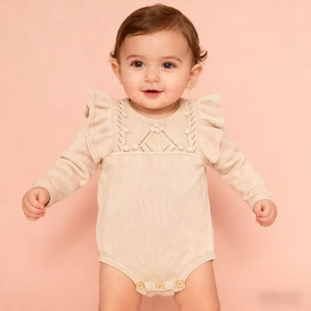 Princess Newborn Baby Girl Romper 0-2Years Cue Infant Solid Color Long Sleeve Knitwear Sweater Bodysuit Outfits Autumn Clothes