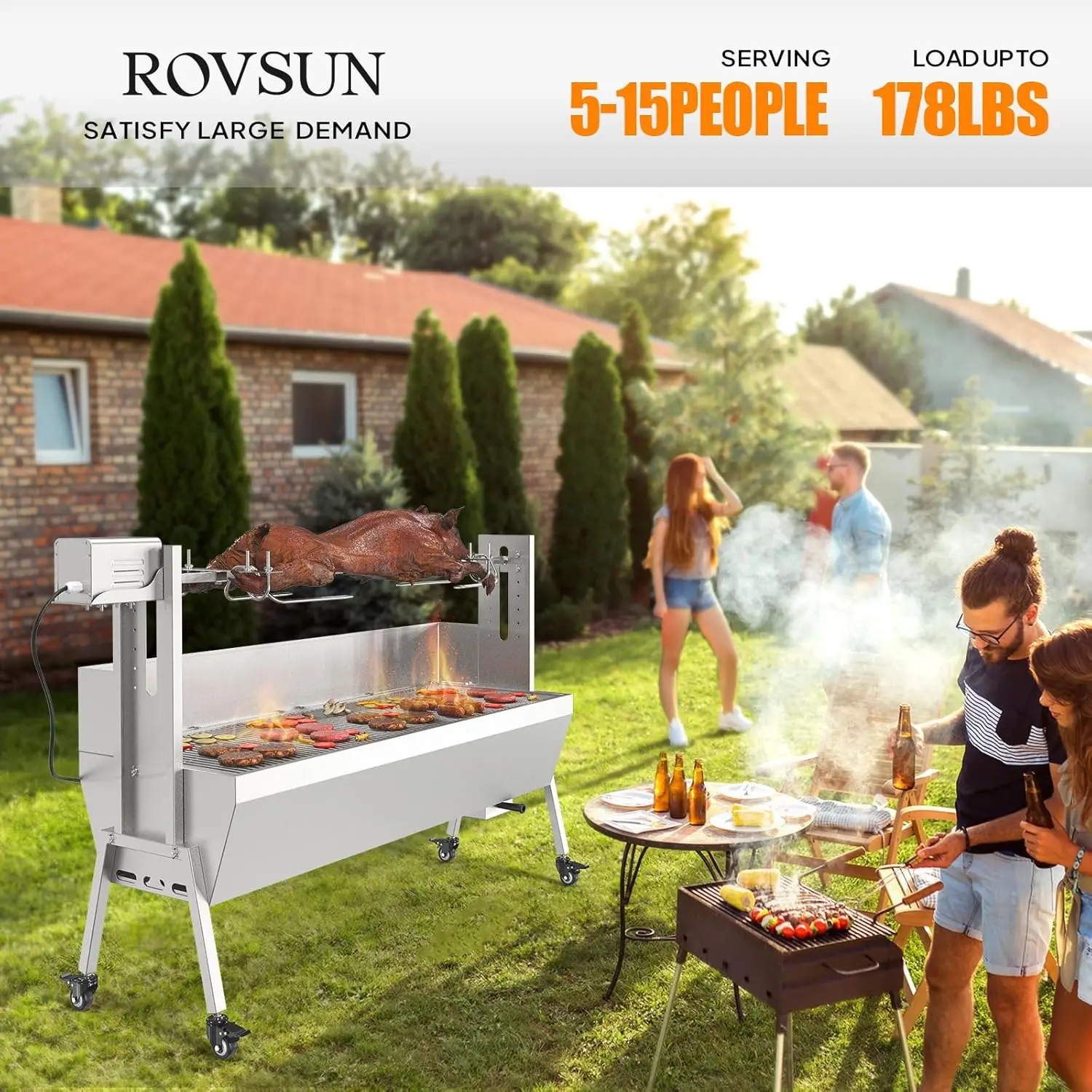 Rovsun Rotisserie Grill Kit 176 Lbs Capacity, Electric Rotisserie Grill Pig Lamb Spit Roaster Stand W/Lockable Wheels Wind