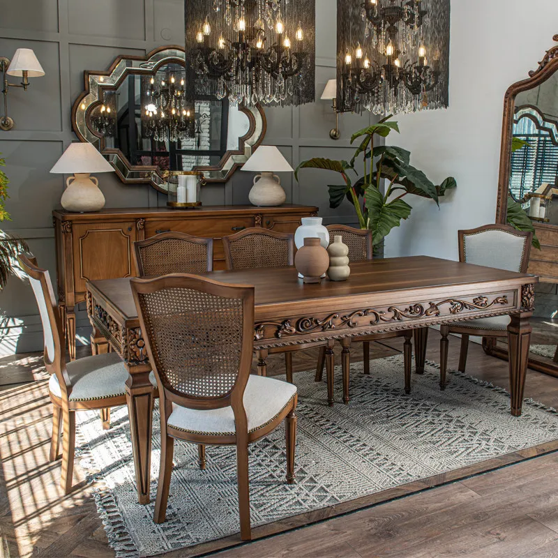 American retro old solid wood dining table and chairs household rectangular dining table desk engraved living room