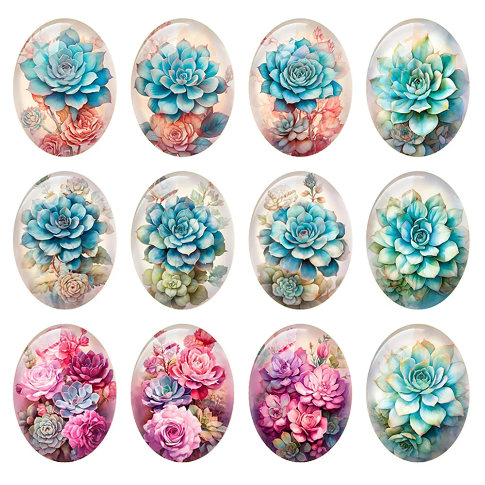 Random Mixed Round/Oval/Square Succulent Plants Flower Photo Glass Cabochon Flatback Demo Cameo For Diy Jewelry Making Handmade