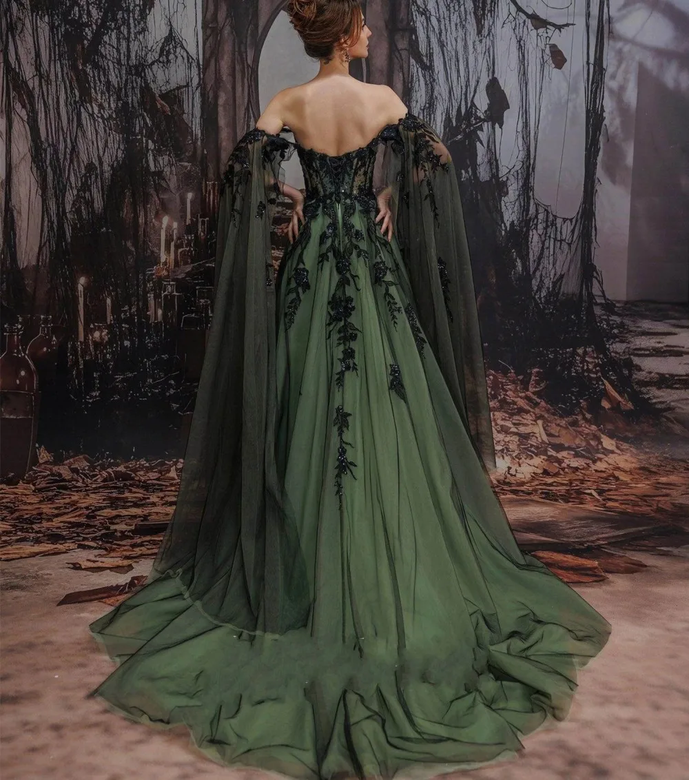 Luxo caçador greem noite vestido formal fora do ombro rendas apliques tule longo baile de formatura pageant vestidos de festa robe de soiree