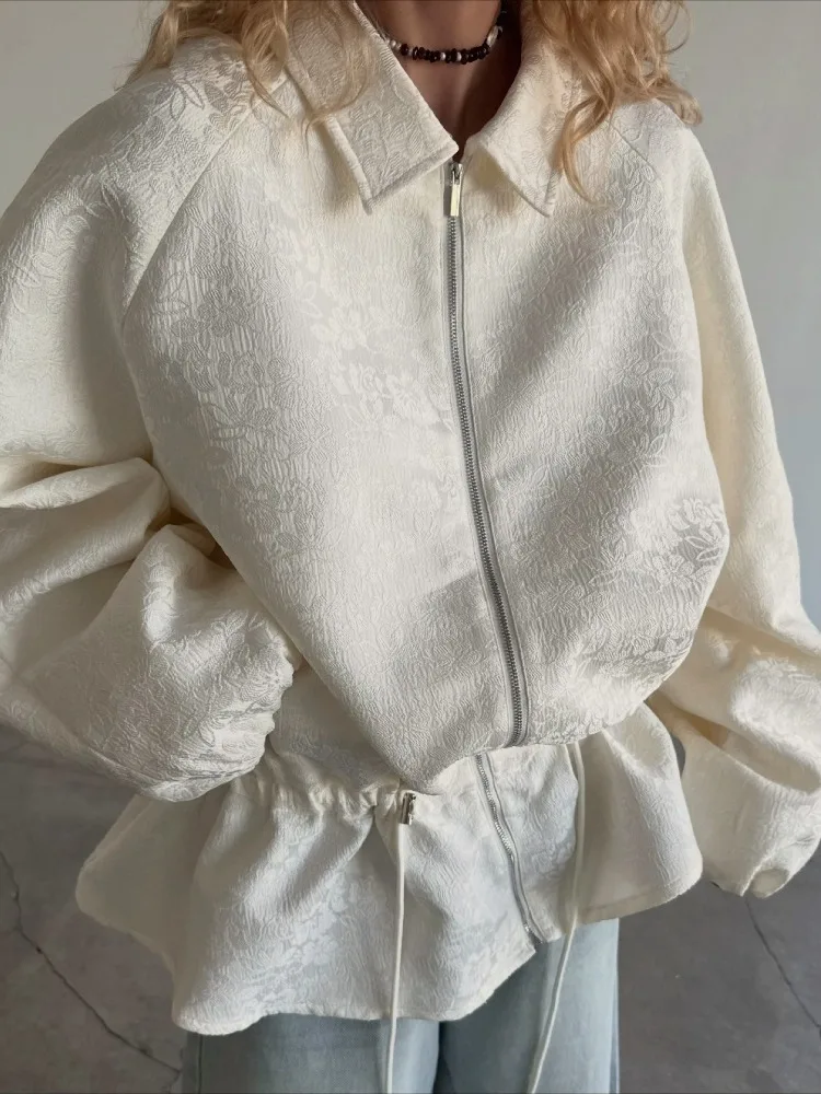 LIinar Apricot Jacquard Fitted Cropped Jacket for Women Spring Fall Bell Sleeves Drawstring Slimming Casual Loose-Fitting Jacket