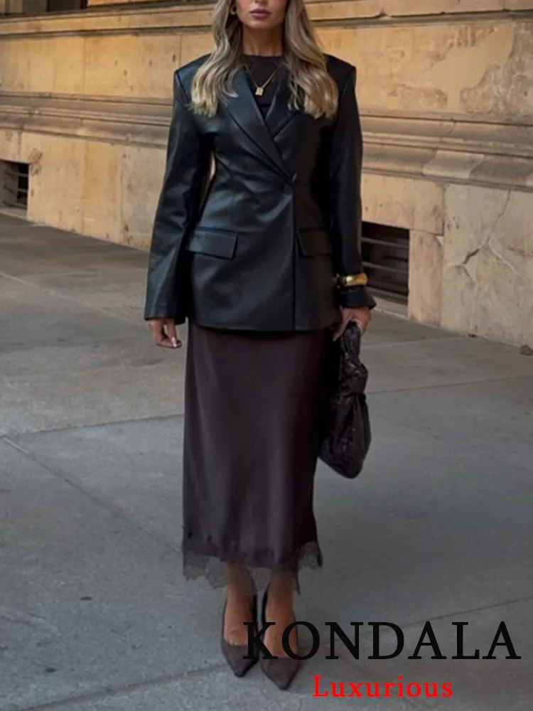 

KONDALA Office Lady Chic Black Leather Jackets Blazer Women V Neck Single Button Pocket Coat Fashion 2025 Autumn Winter Outwears