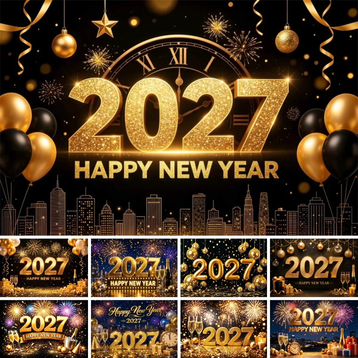 Yeele 2027 Happy New Year Backdrop Golden Flash Balloons Bells Wineglass Gift Kids Family Christmas Party Decor Photo Background