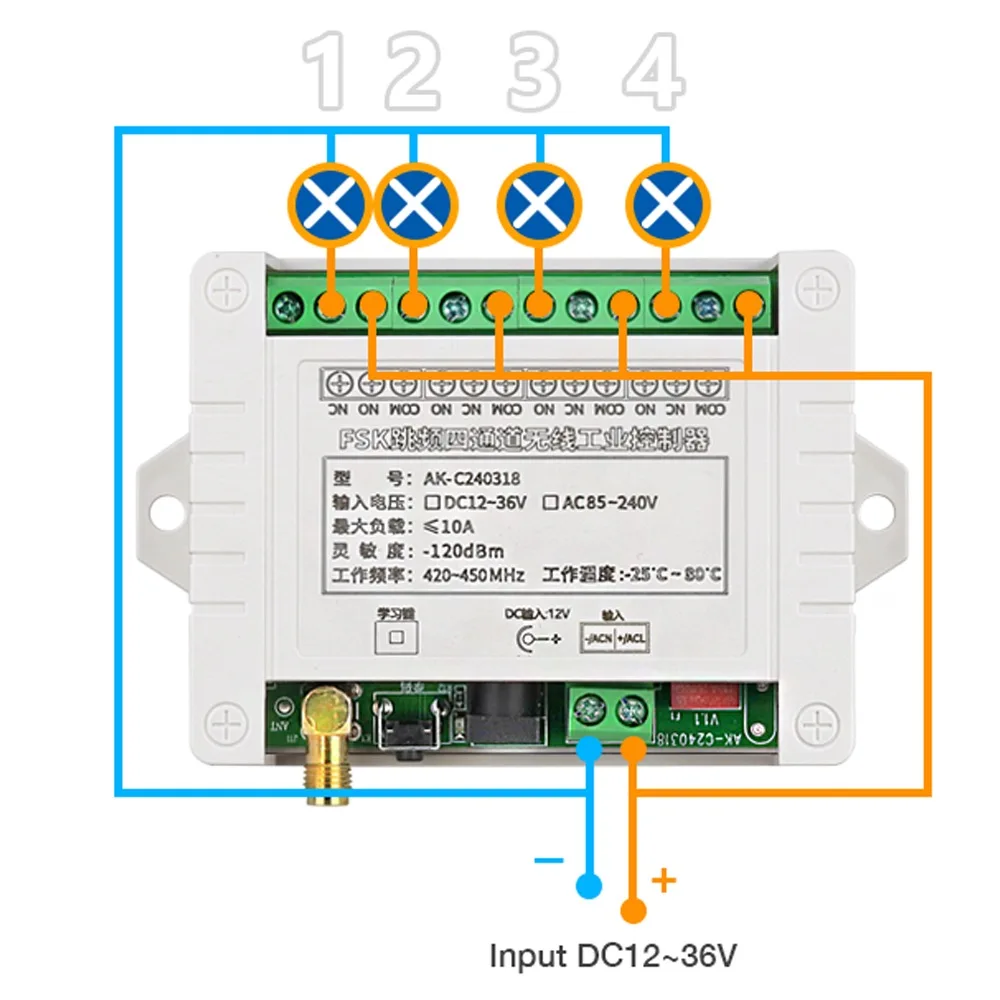 FSK 4 Channel 10A Relay DC 12V 24V 36V 420-450MHz Wireless Remote Control Switch FHSS Receiver Transmitter For Motor Lights