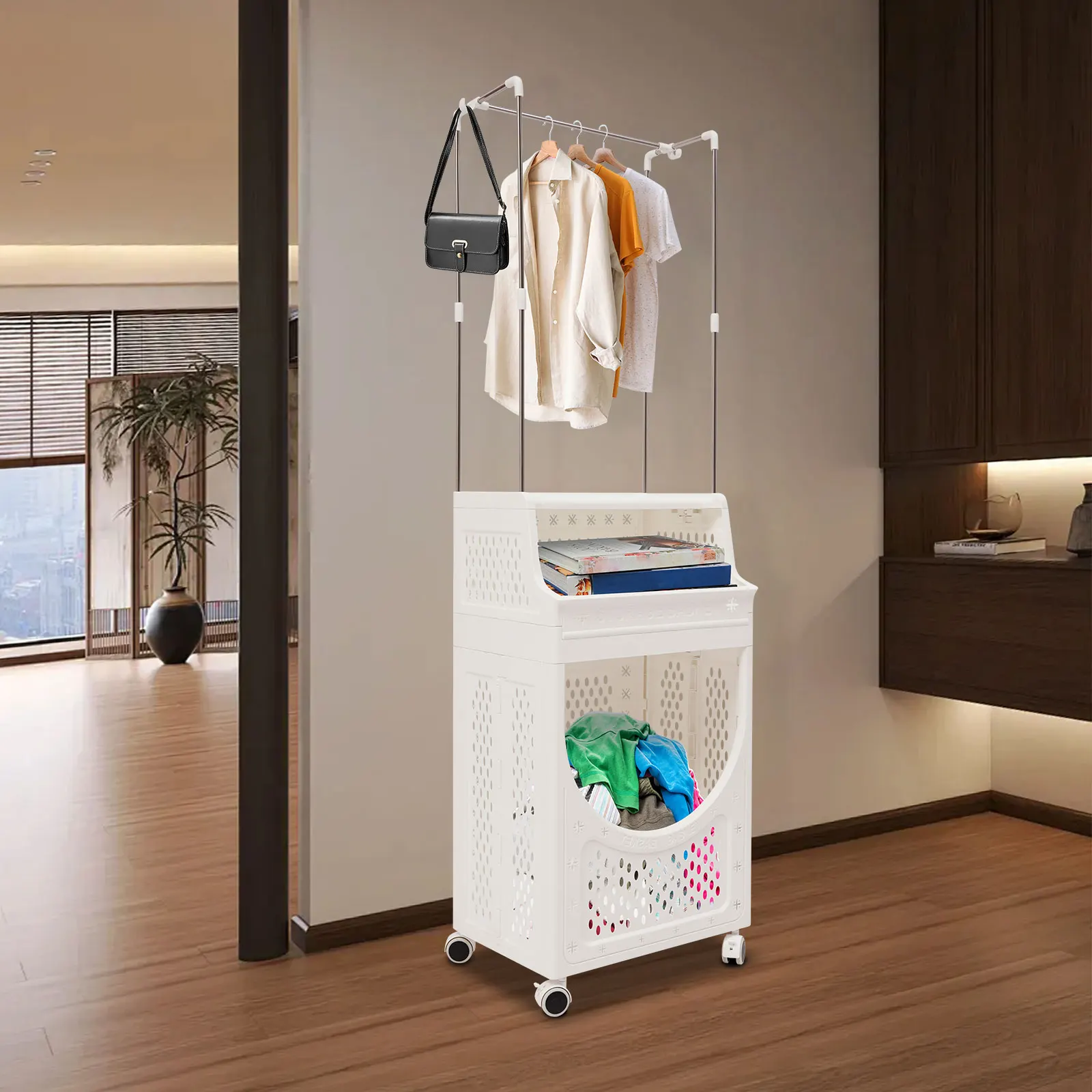 

Laundry Basket with Wheels, Laundry Hamper Cart with Clothes Rack, Dirty Clothes Hamper