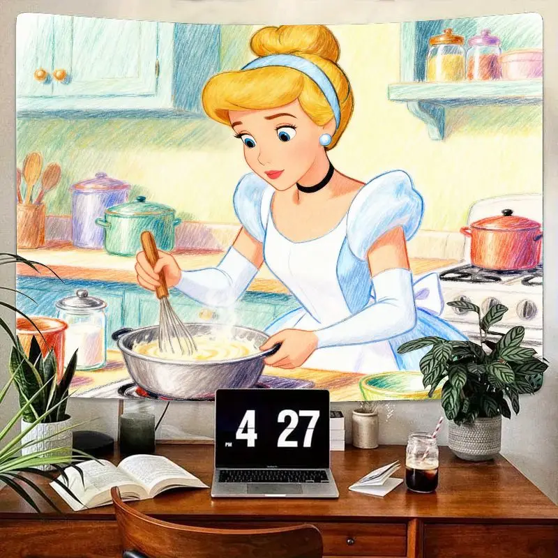 

1PC Disney Cinderella Cooking Kitchen Tapestry, Kawaii Princess Sketch Polyester Wall Art Decor for Girls Bedroom Living Room Gi