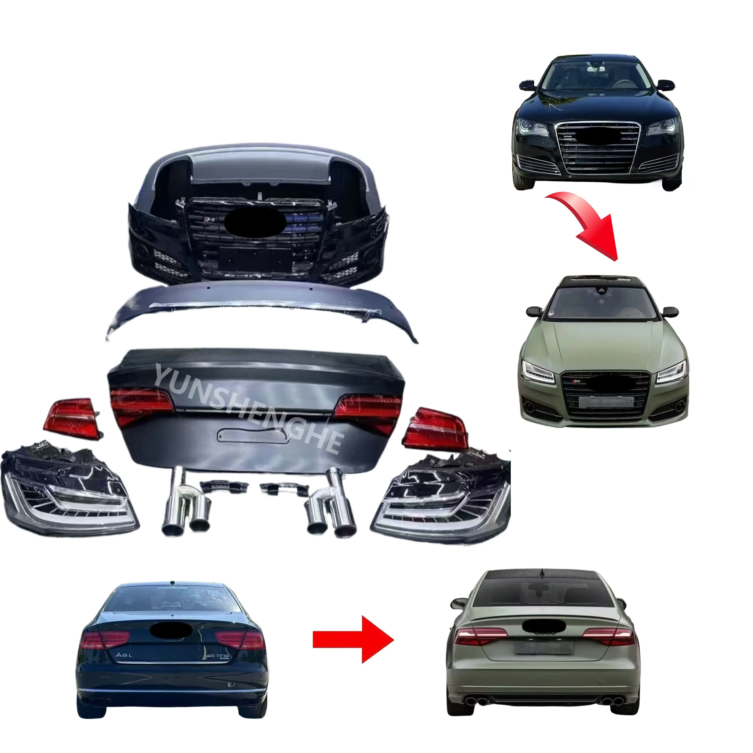 

High Quality for Audi A8 Upgrade S8 Body Kit With Front & Rear Bumpers Matrix Headlights Taillights Non-destructive Install