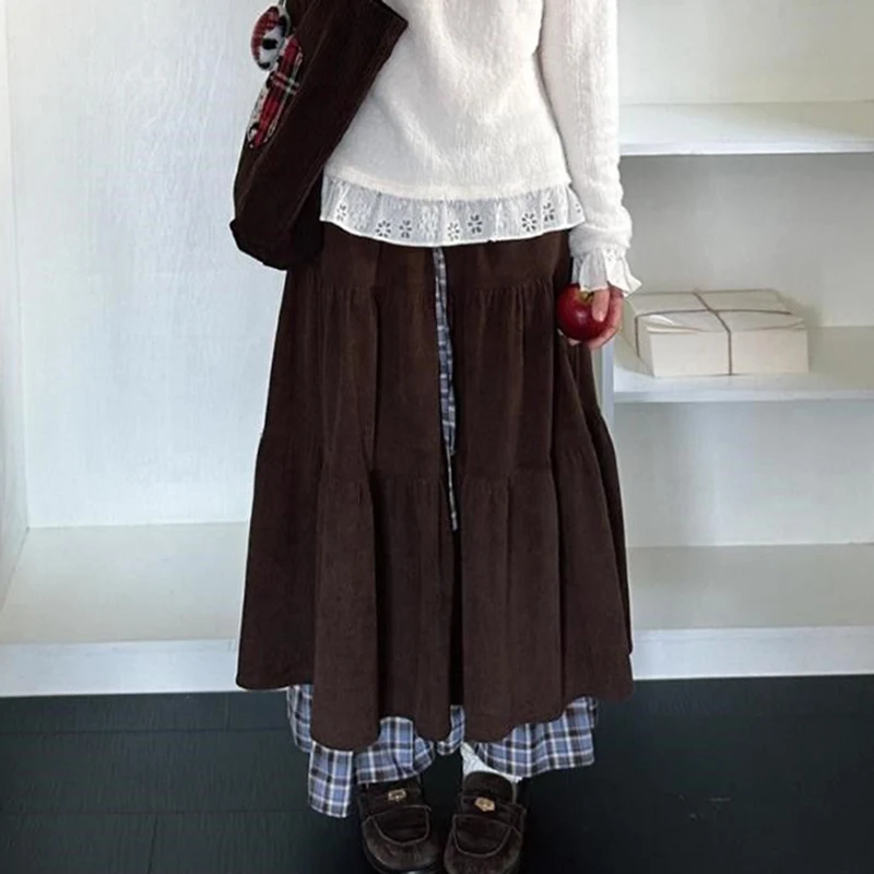 Corduroy Vintage Long Skirt Japanese Preppy Plaid Patchwork High Waist Women Skirts Harajuku Retro Loose Casual Sweet Cake Skirt