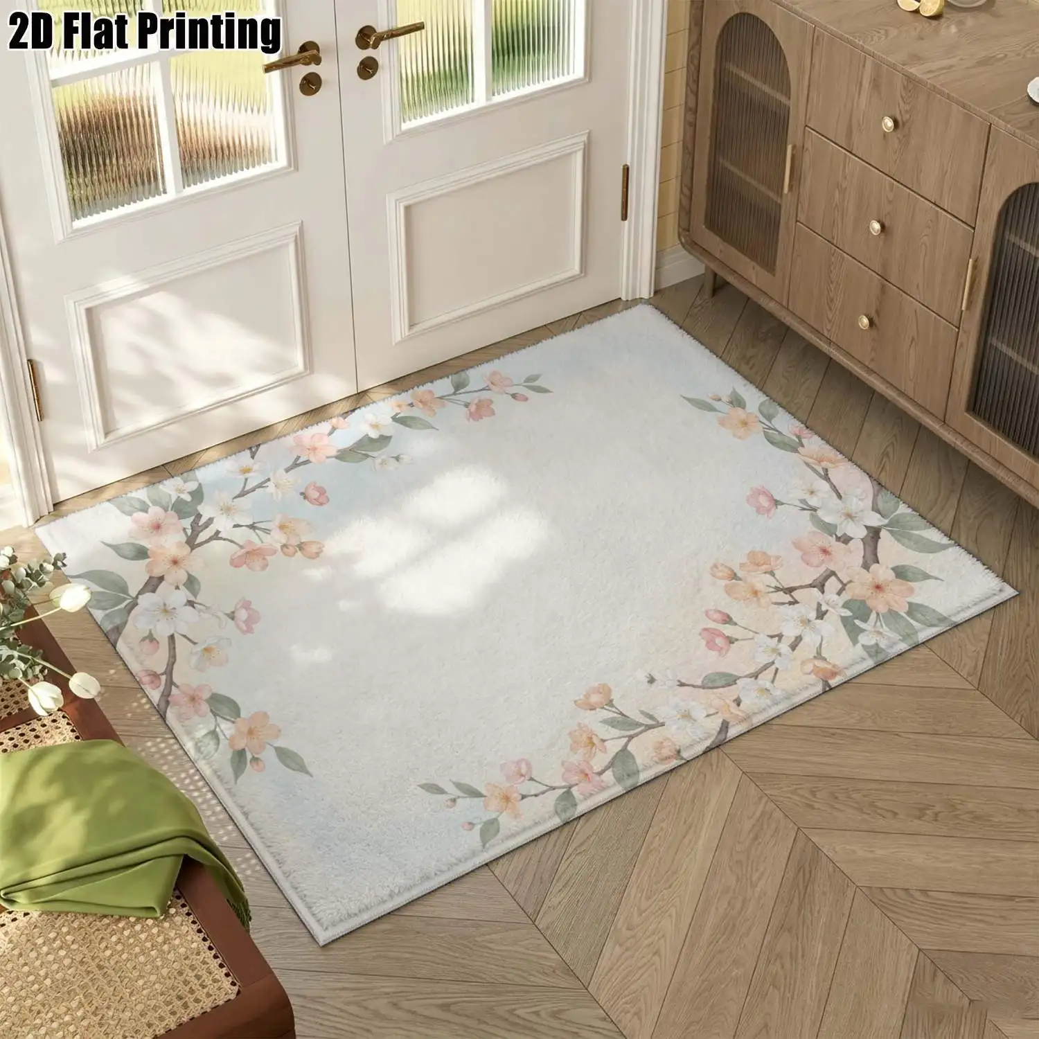 1Pc 2D Printed Carpet: Soft Pink & Light Apricot Flower Branch, Nordic/Instagram Modern Minimalist Style, Home Decor, Multi-Size, Machine Washable, Multi-Scene Use