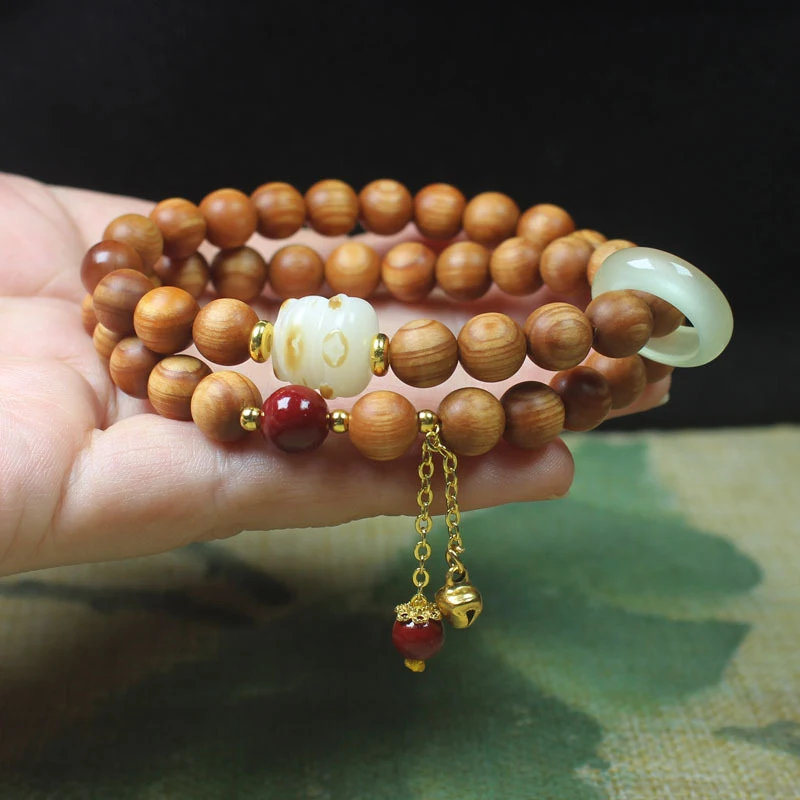 

High-oil cypress wood 8mm double-layer bracelet with charcoal-burned cat design, unisex cultural and collectible prayer beads wi
