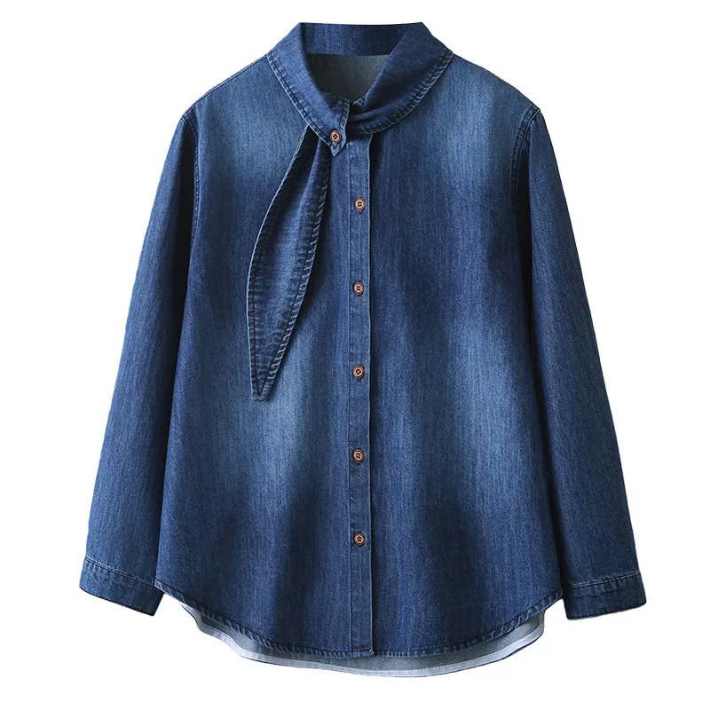 

Женская джинсовая рубашка XXXXL больших размеров с воротником-стойкой и лентой, длинный рукав, весна 2026, модель 987