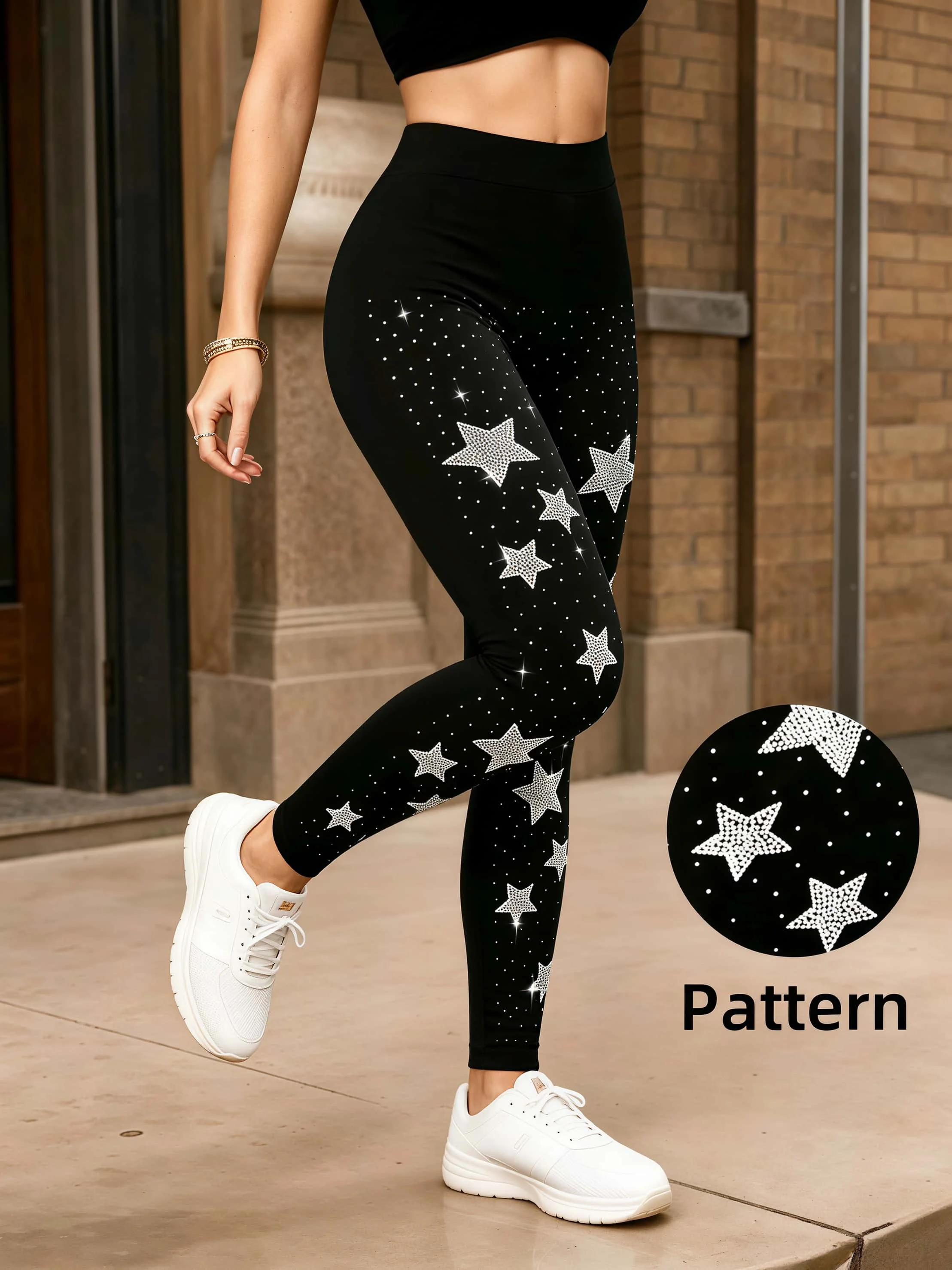 Damen High-Waist Leggings mit Strass-Sternen, Glitzernde Strass-Kompressionshose, Dehnbare Bauchkontroll-Yoga-Leggings, Modisch – Detail 1