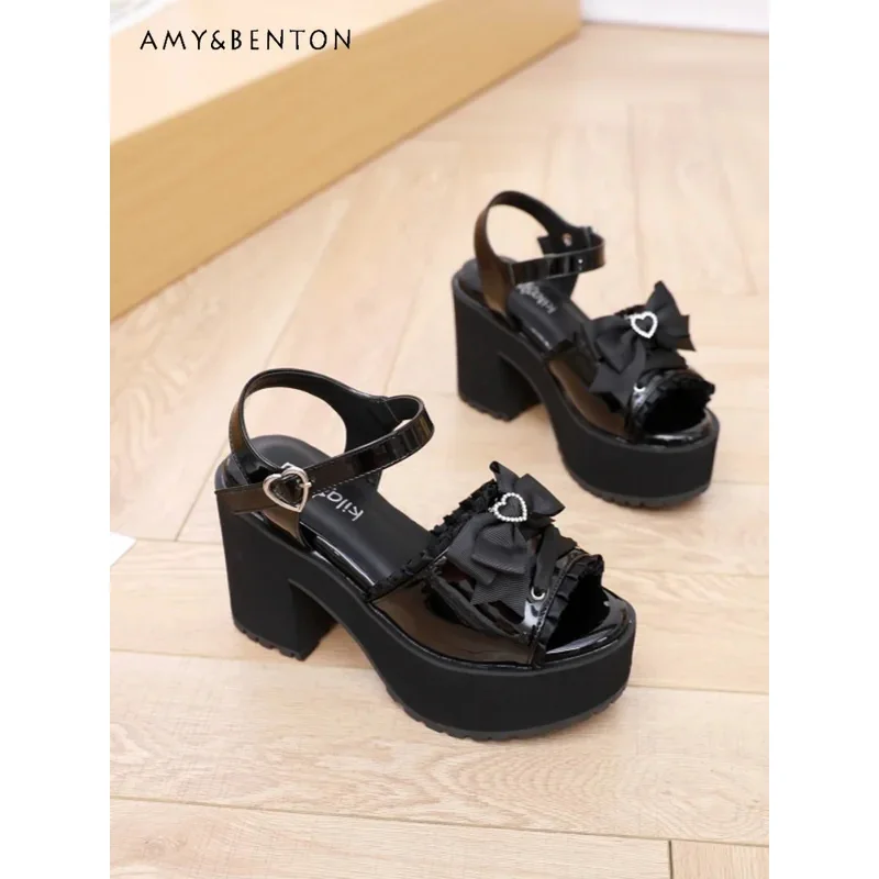 

25COSJapanese INS Sweet Mine Series Mass Production Bow Thick Heel Waterproof Table Lolita Platform Sandals Women's Lolita Sanda