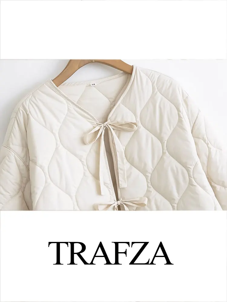 TRAFZA 2024 Women\'s Chic Bow Cotton Jacket Retro Round Neck Long Sleeve Elegant Women\'s Solid Color Casual Jacket Streetwear