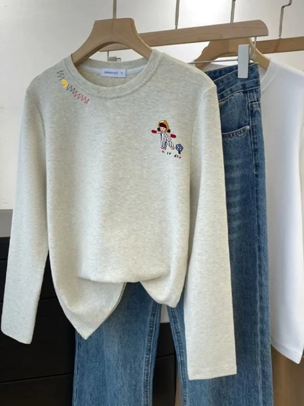 Solto longo sve fce thiened camiseta feminina coreano sle impressão dos desenhos animados casual confortável outono inverno faionable