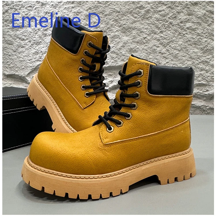 

Men's Height Increasing Boots with British Style Fashionable Front Tie Design Thick Soled Motorcycle Workwear Short Boots