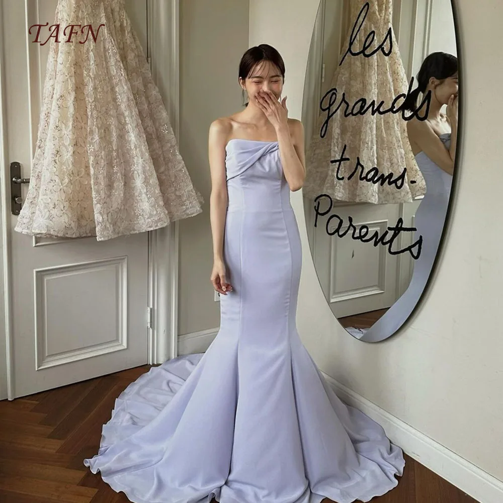 TAFN Korea Mermaid Wedding Shooting Dresses Strapless Sweep Train Purple Bridal Gown Sleeveless Custom Made