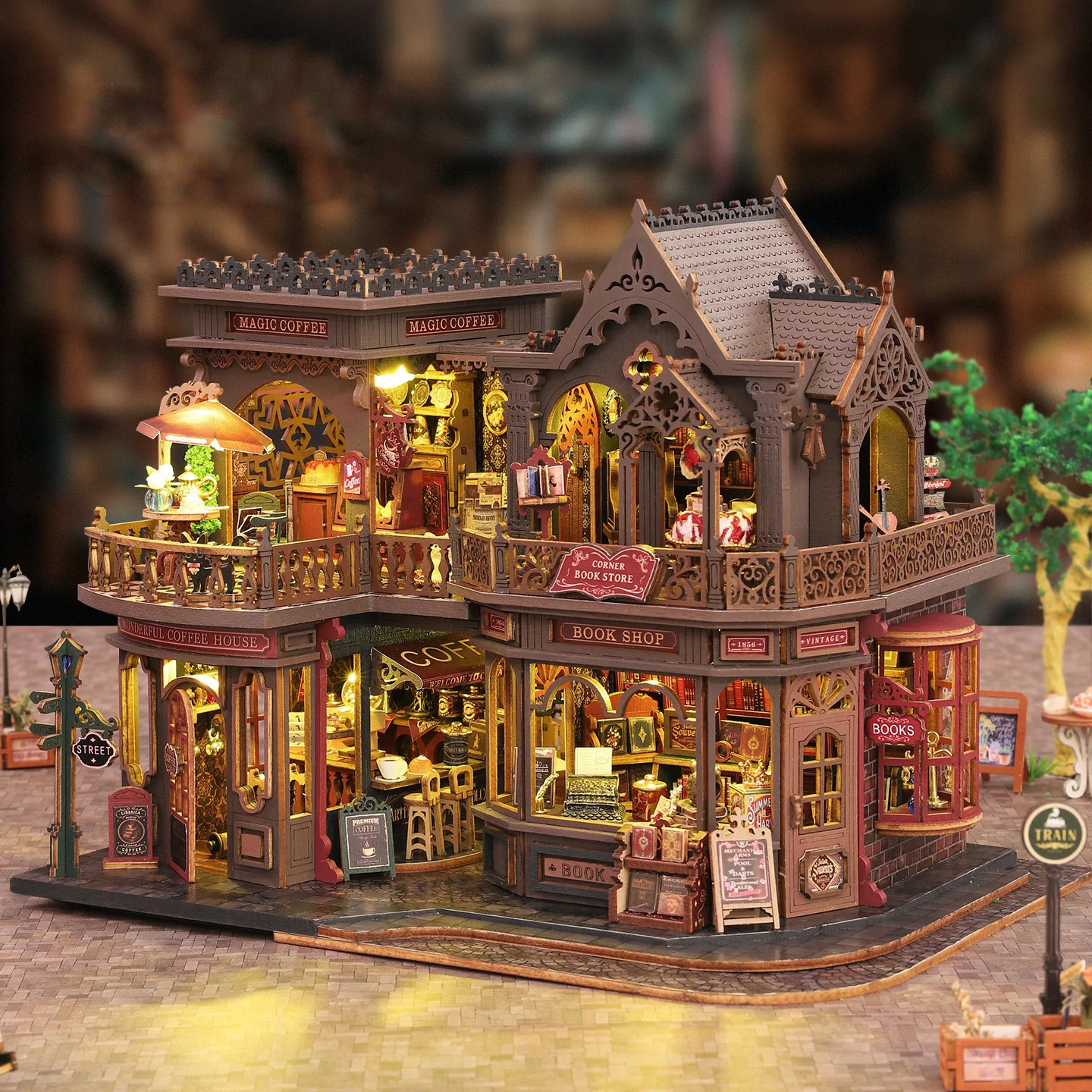 DIY Wooden Miniature Model Kit Letter Coffee Shop Casa 3D Puzzle Doll Houses With Furniture Lights for Friends Birthday Gifts