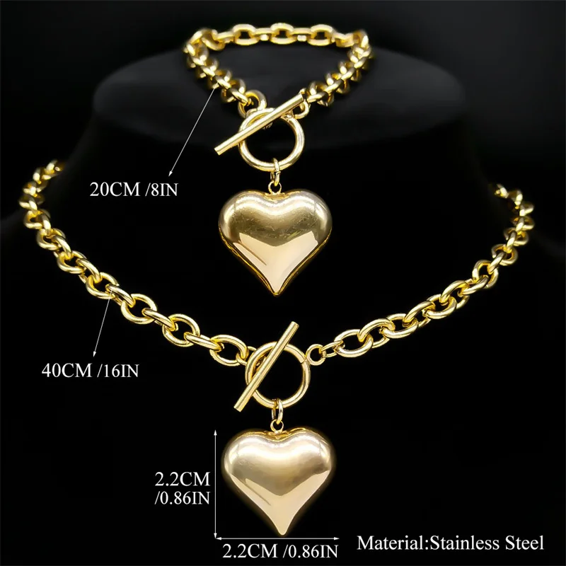 Love Peach Heart Pendant Jewelry Sets for Women Men Stainless Steel Gold Color Aesthetic Choker Vintage Necklace Bracelet Sets