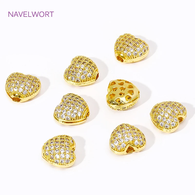 Luxury 18K Gold Plated Brass Inlaid Zircon Heart Cutout Spacer Beads For Jewelry Making Supplies DIY Bracelet Making Accessories