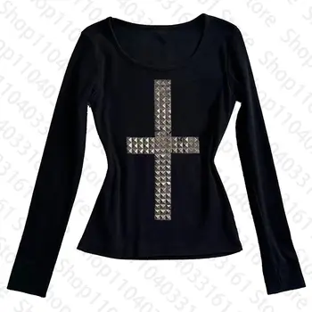 哥德龐克Emo風長袖T卹性感修身時尚印花休閒露臍上衣Y2K原宿風女裝街頭服飾 10 最佳銷售 千禧歌德 - №2