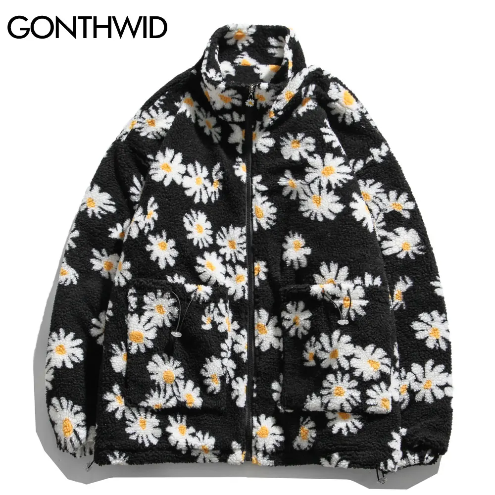 GONTHWID-Parkas gruesas acolchadas de algodón, ropa de calle, estampado de Margarita de Hip Hop, abrigos cálidos de lana con cremallera completa,