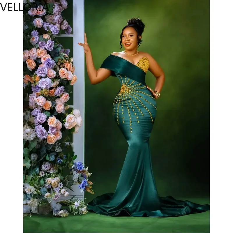 African Emerald Green Off Shoulder Mermaid Evening Dress Gold Beaded Bodycon Party Gown Formal Gown Plus Size Wedding Customized image 4
