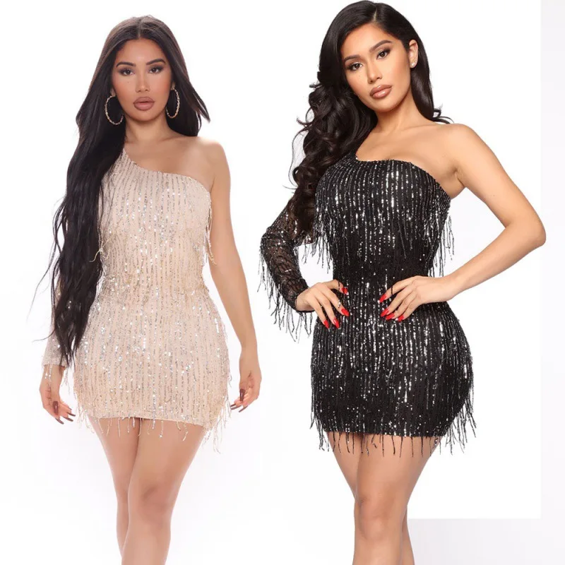 

PuTao Sexy Shiny Prom Party Dress One Shoulder Sequins Tassel Short Mini Evening Dresses Ins Fashion Hot Girl Robe De Mariée