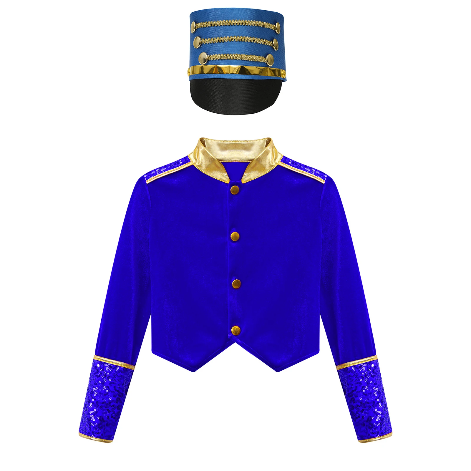 Kids Drum Major Majorette Costume Long Sleeve Shiny Sequins Marching Band Circus Jacket Coat+Drummer Cap for Cosplay Performance