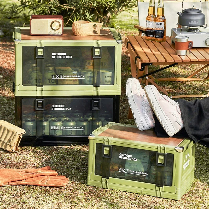 Outdoor camping storage box, car trunk organizer, multi-layer stackable foldable box with thick wooden lid