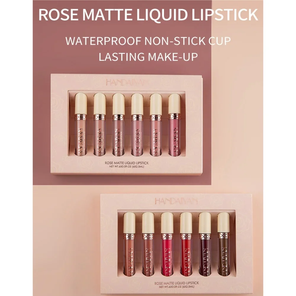 HANDAIYAN 6 色リップグロスセット液体口紅セット長期的なローズベルベットマット防水ノンスティックリップグレーズ