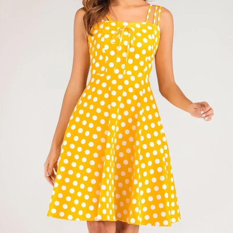 2024 New Hepburn Retro Polka Dot Bow Front Spaghetti Strap Party Swing Dresses Women's Summer Shirred Back Vintage Cotton Dress