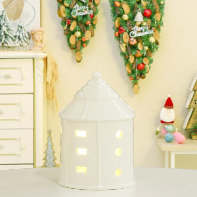 Christmas Decorations  Ceramic Small House LED Lights Crafts Hollowed Out Table Ornaments