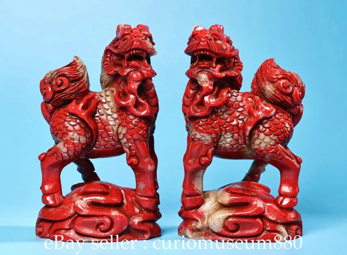 

5.2 inch old-fashioned Chinese natural bloodstone carved Qilin Kailin statue pair -