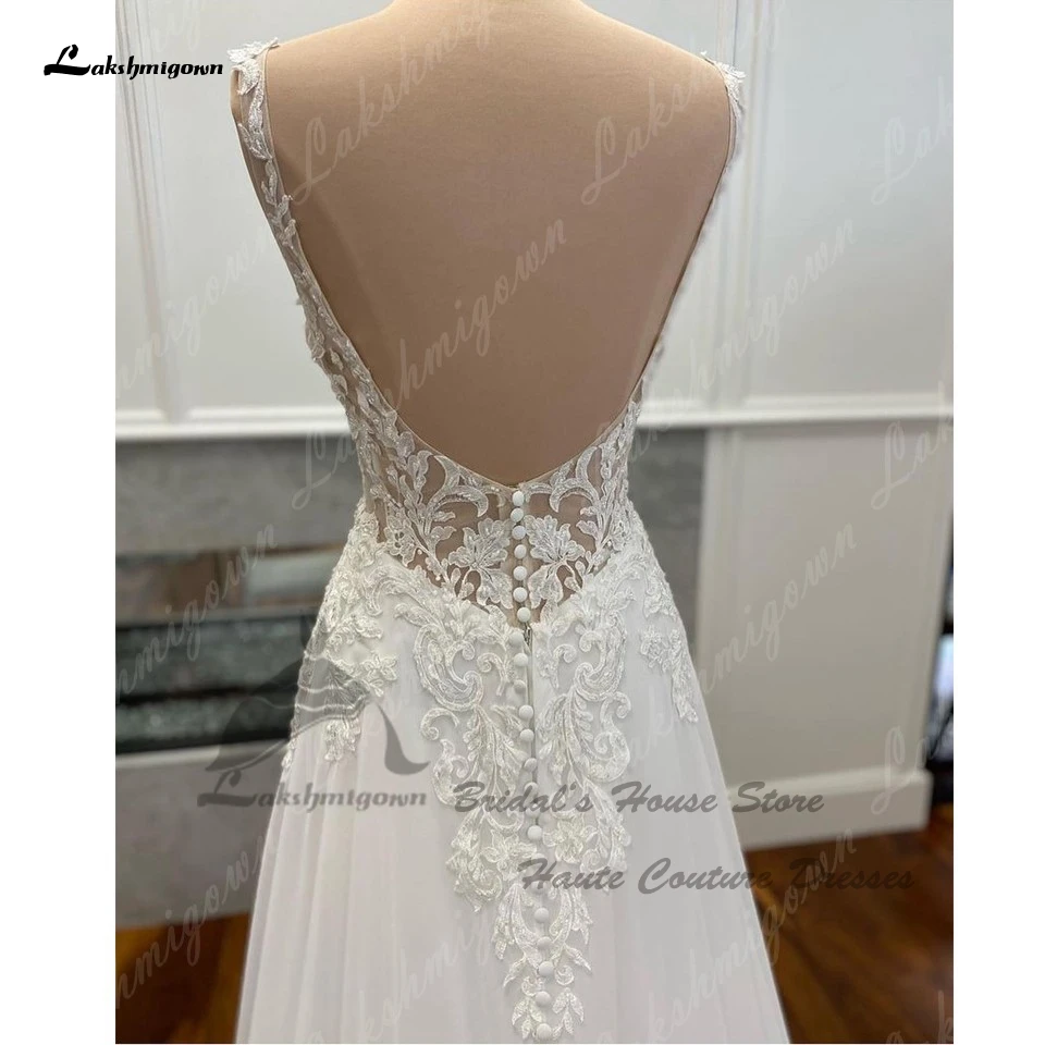 Lakshmigown Luxury Chiffon Long Boho Lace Wedding Dress Customized 2024 Deep V Neck Classic Bridal Beach Wedding Gowns Open Back