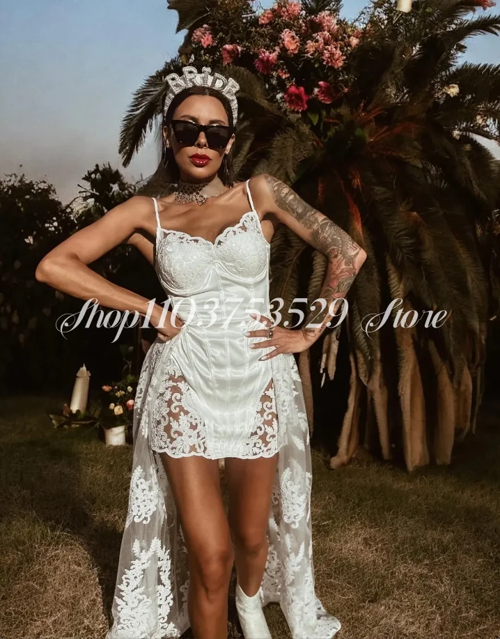 Boêmio nupcial mini vestidos de festa de casamento com trem removível praia despedida de solteira vestidos personalizados franjas tule vestido