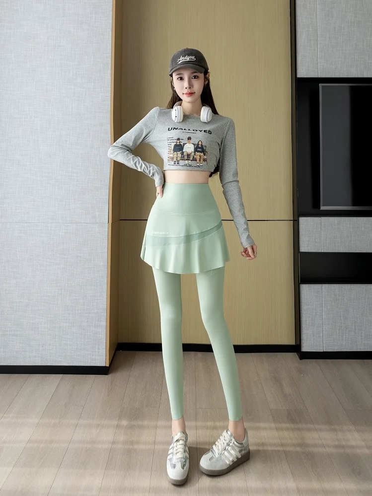 

Весенние новые модные женские брюки для йоги с высокой талией, имитирующие двухслойность, с эффектом похудения, больших размеров, с юбкой-накладкой