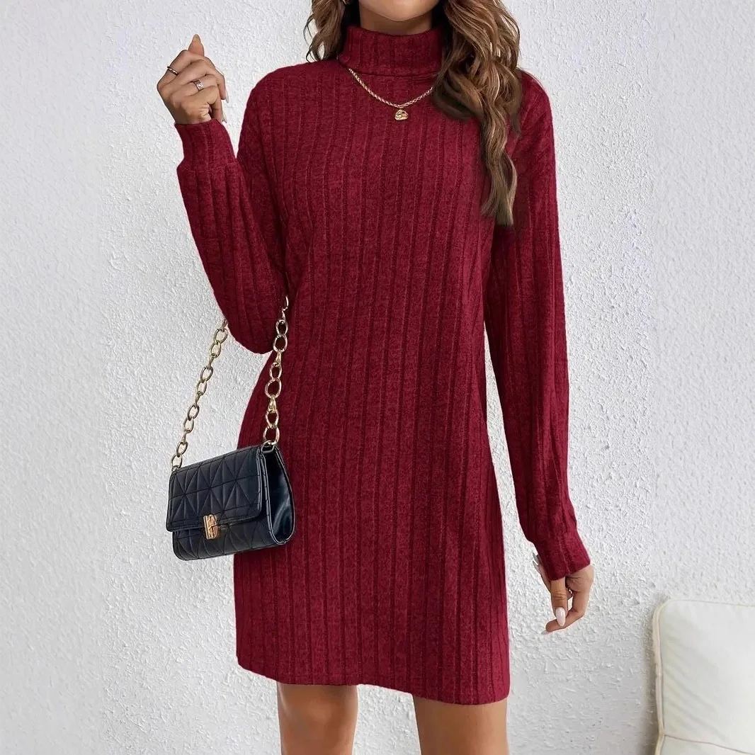 2025 otoño cuello alto largo Sve Brued rayas Midi Dr mujer Faionable tejido cintura alta A-Line Dr