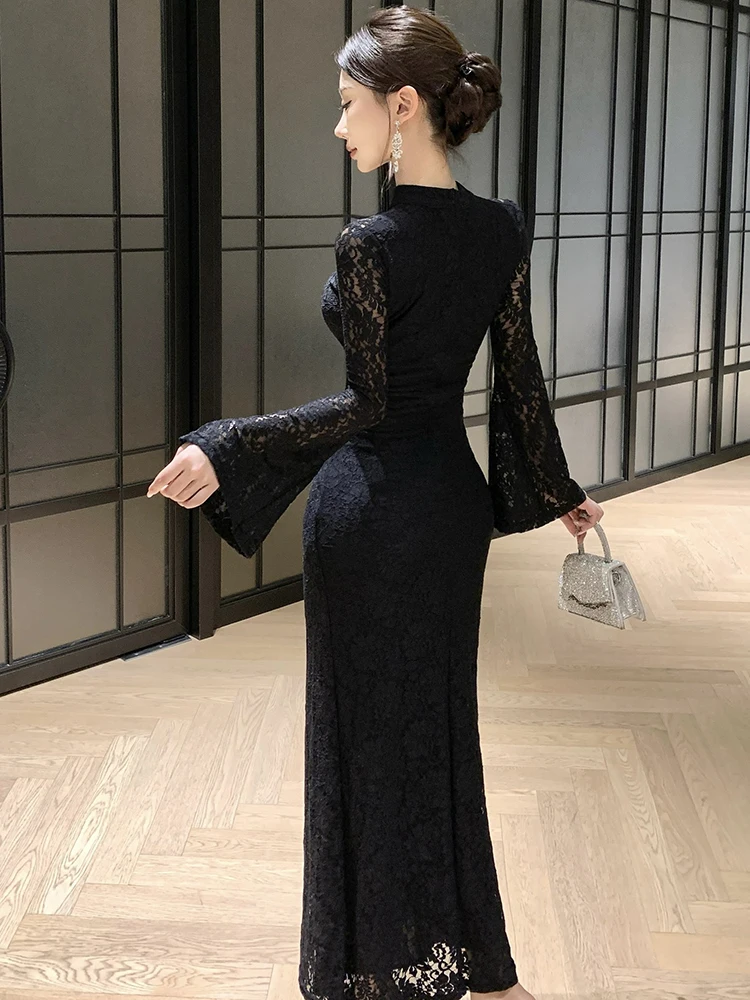 2025 schwarz Spitze Patchwork Aushöhlen Sexy Langes Kleid Frauen Koreanische Vintage Luxus Abendkleid Herbst Winter Elegante Prom Kleid