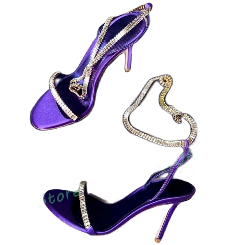 Gems Chain Purple Elegant Sandals Women Bling Satin High Heels Shoes Ladies Summer Luxury Trend Open Toe Ankle Strap Sandal