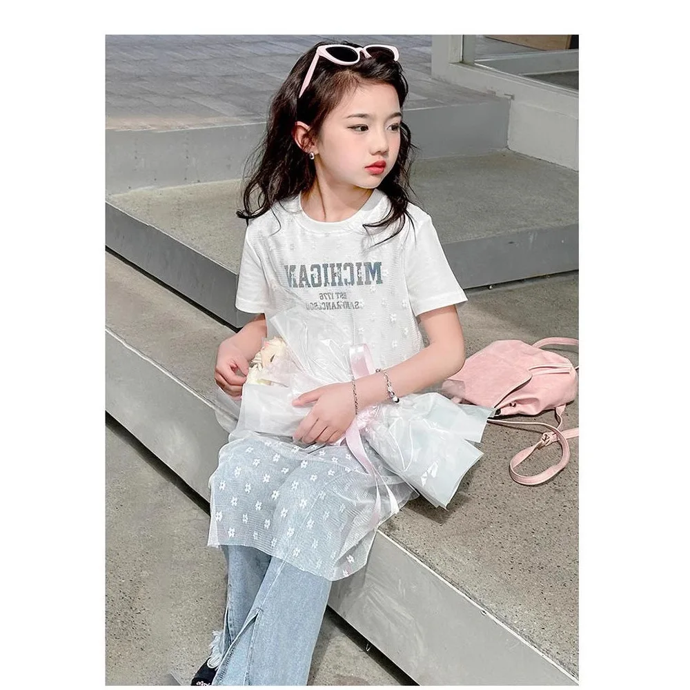 2025 Summer Girls Mesh Panel T-Shirt, Letter Print Short Sleeve Top for Toddler Kids, Casual Fashion Daily Tee