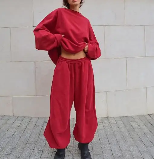 

Two Piece Set Women Outfit 2025 Spring Autumn New Solid Color Round Neck Long Sleeve Loose Top & Casual Wide Leg Pants Set