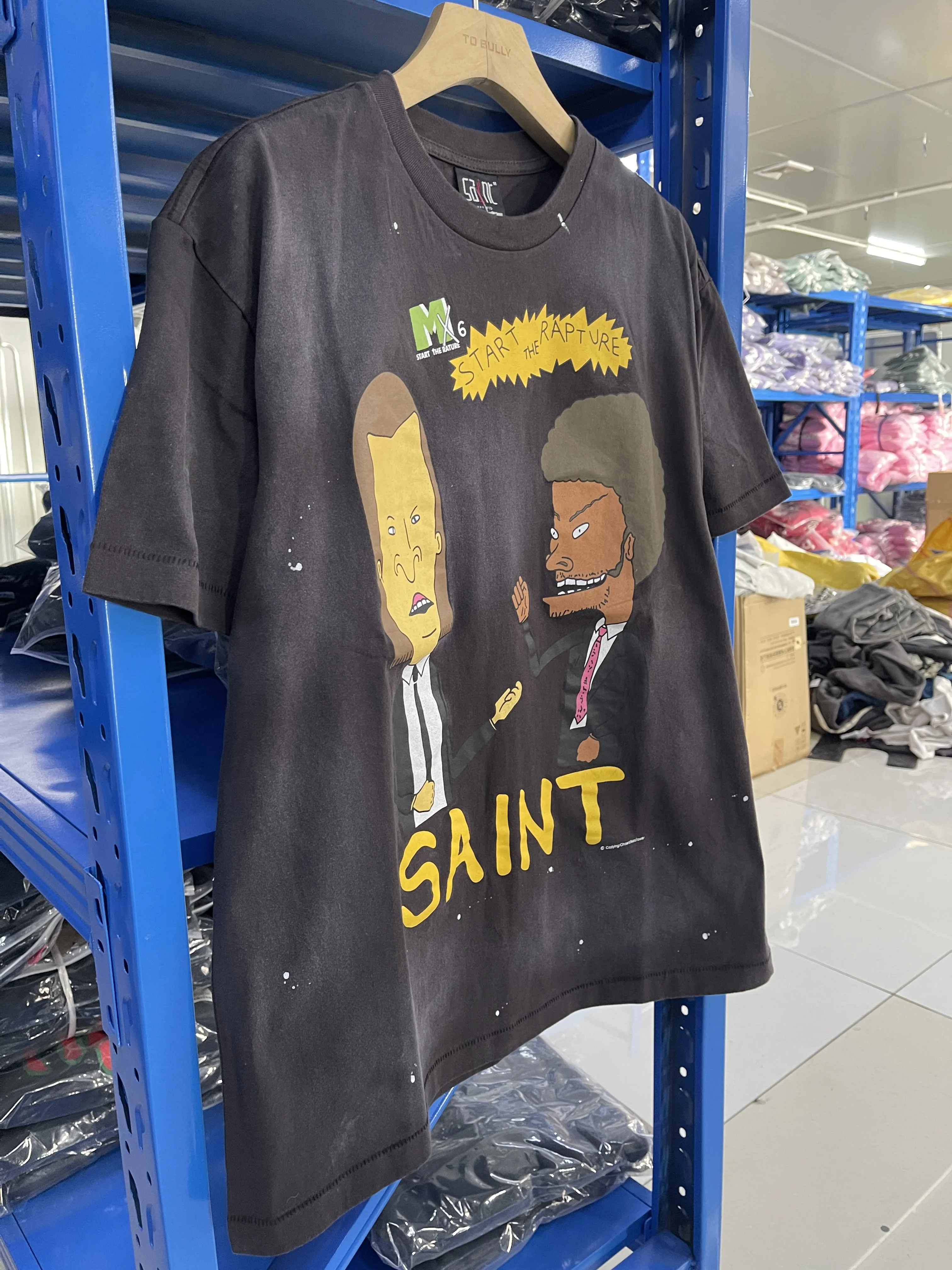 Vintage Saint High Quality High Street Pattern Letter Print Retro Washed Loose Oversized Short Sleeved Casual Cotton T-shirt