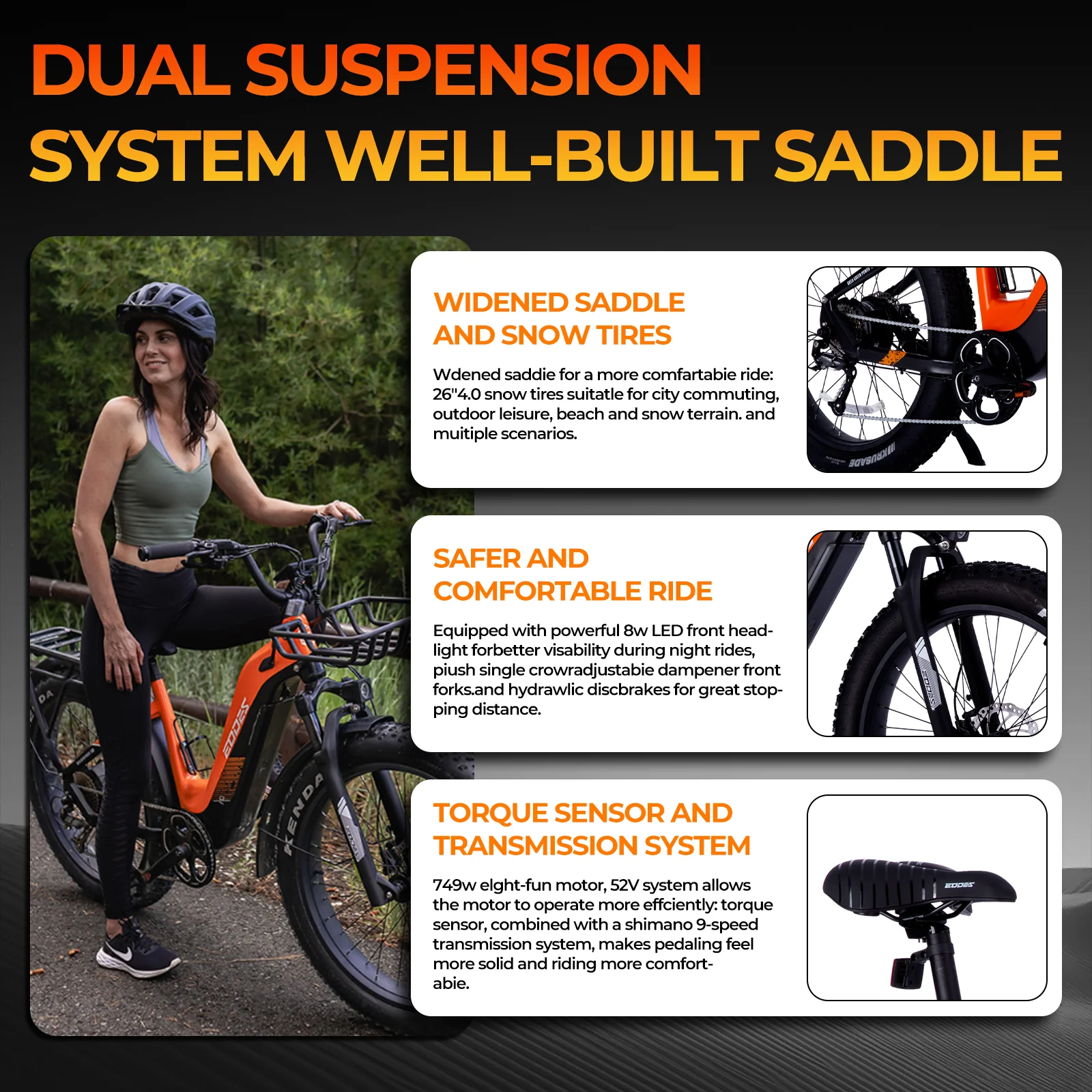 دراجة كهربائية للطرق الوعرة 750 وات 52 فولت 17 أمبير 26 بوصة 4.0 إطار عريض مع منفذ USB وشاشة LCD لتطبيق بلوتوث 9 سرعات #4