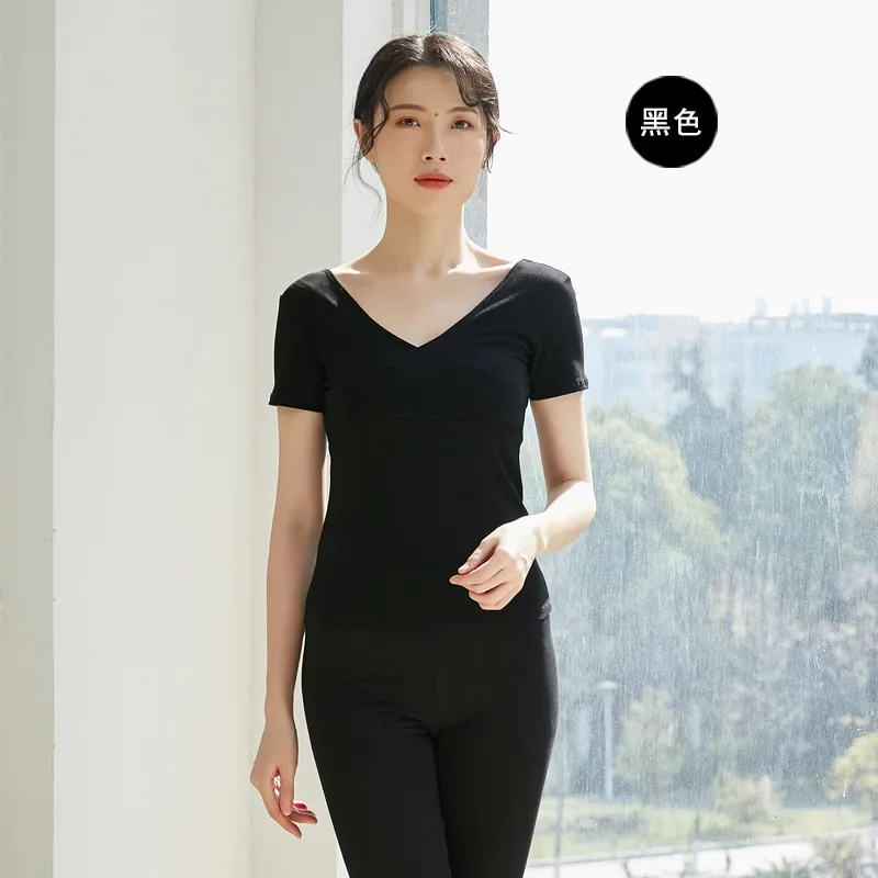 Costumes de danse latine pour femmes et adultes, haut basique, entraînement de Ballet, col en v, manches courtes, gros, grande taille 5XL, 2024