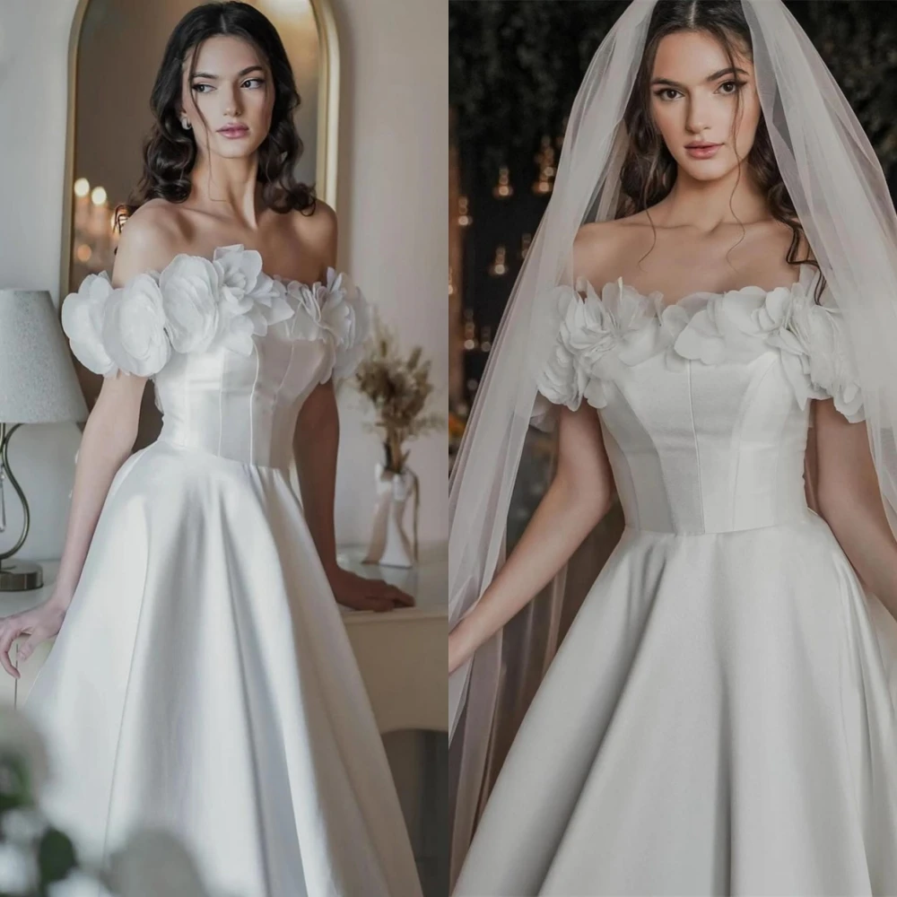 Customized White Handmade flowers Wedding Dresses Formal Strapless Bridal Gowns Elegant A-Line Off the ShoulderVestido De Novia